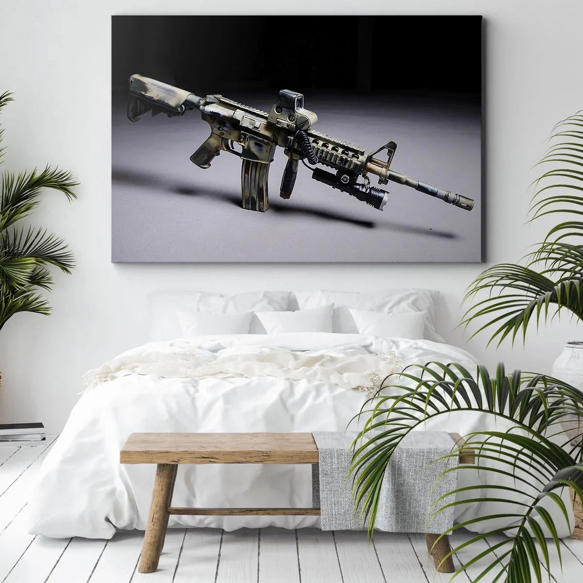 Impression sur toile - Image sur toile - Arme moderne de couleur camouflage sur fond sombre - 70x50cm - Toujours menaçant - Décoration murale moderne pour le salon et la chambre ARTTOR