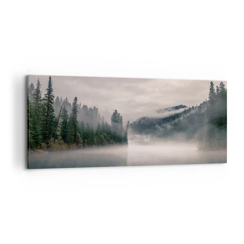 Impression sur toile - Image sur toile - Une forêt brumeuse se reflétant dans un lac calme - 120x50cm - Reflet dans le brouillard - Décoration murale moderne pour le salon et la chambre ARTTOR