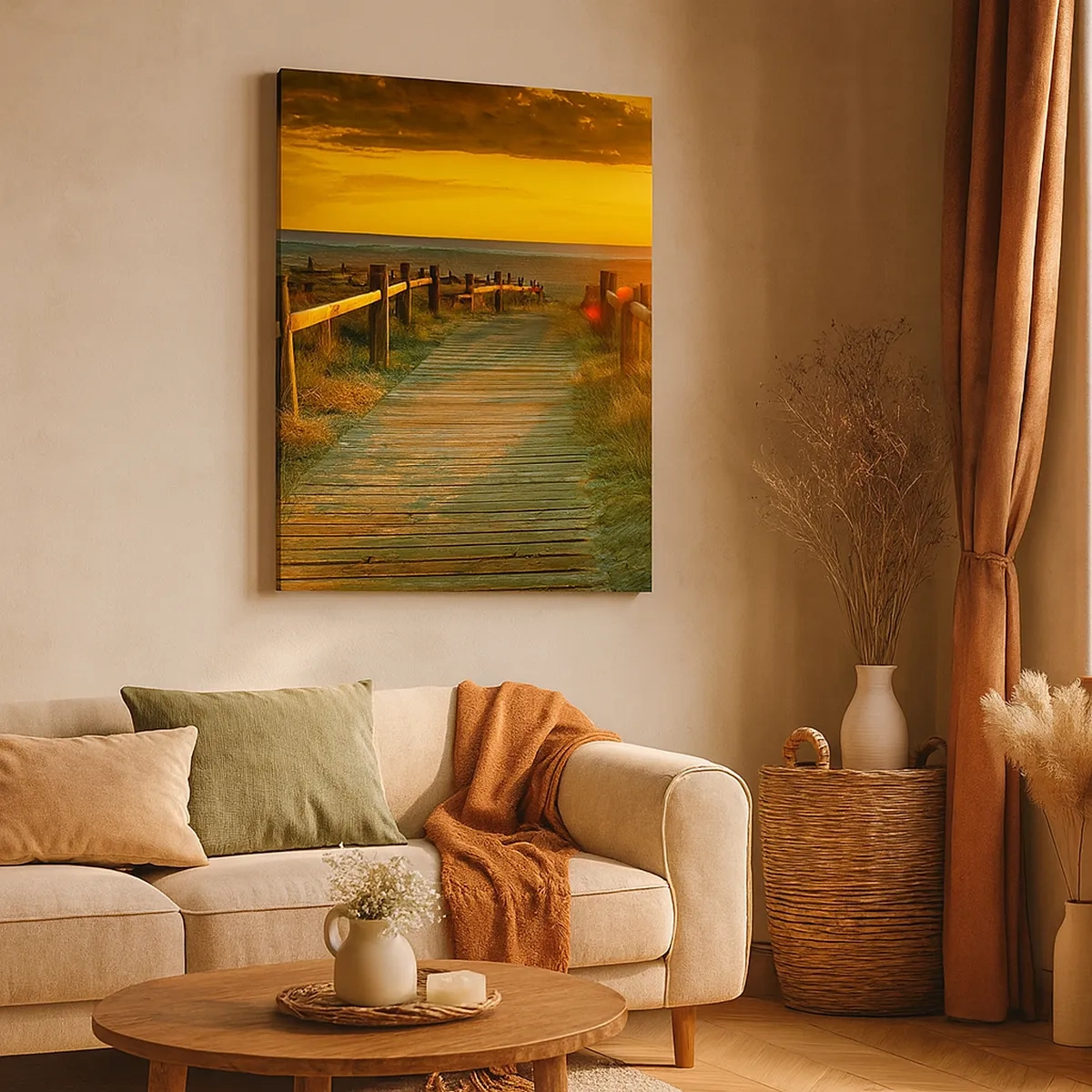 Impression sur toile - Image sur toile - Un chemin en bois menant à la plage à la lueur du soleil couchant - 50x70cm - Baigné dans le vieil or - Décoration murale moderne pour le salon et la chambre ARTTOR