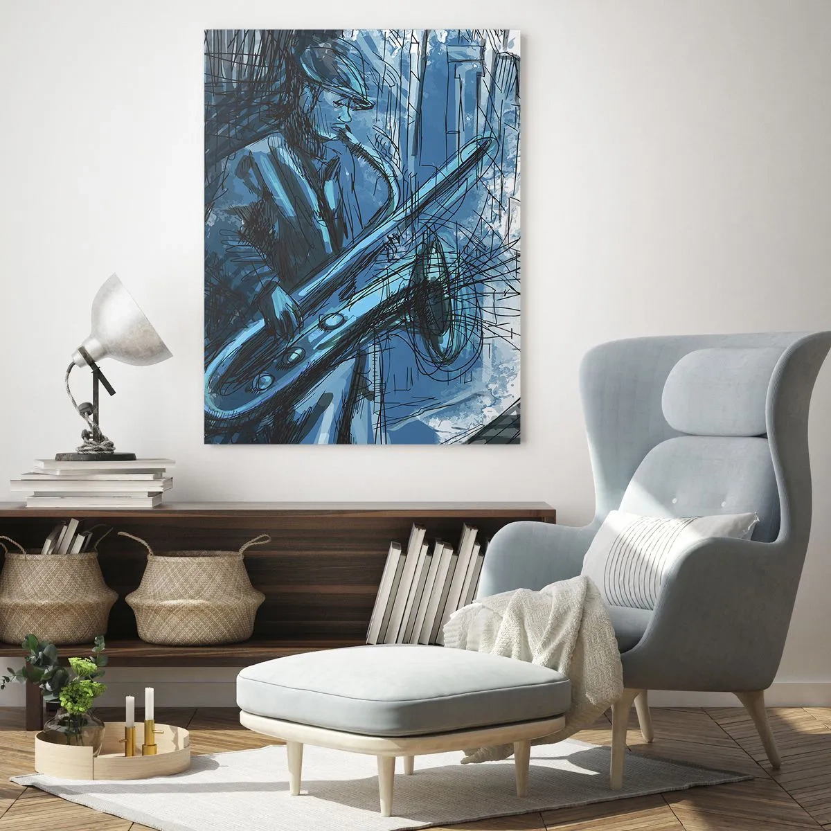 Impression sur verre - Image sur verre - Une silhouette jouant du saxophone sur fond de ville - 70x100cm - Rhapsodie urbaine - Décoration murale moderne pour le salon et la chambre ARTTOR