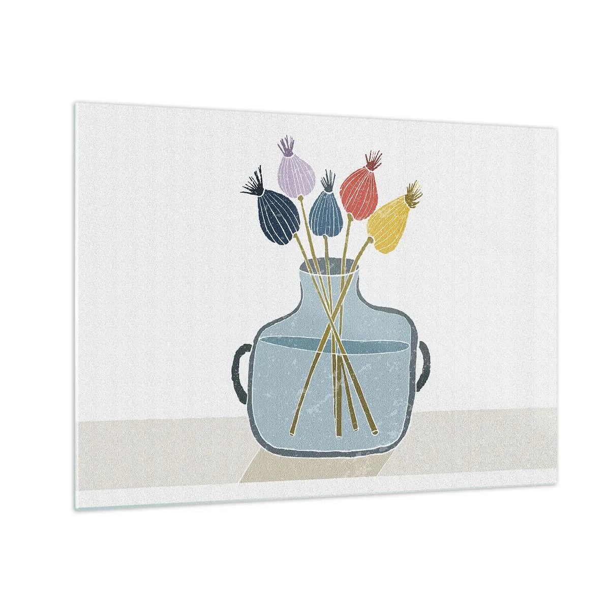 Impression sur verre - Image sur verre - Têtes de coquelicots décoratives dans une cruche de style graphique - 70x50cm - Comme s'il avait semé des graines de pavot - Décoration murale moderne pour le salon et la chambre ARTTOR