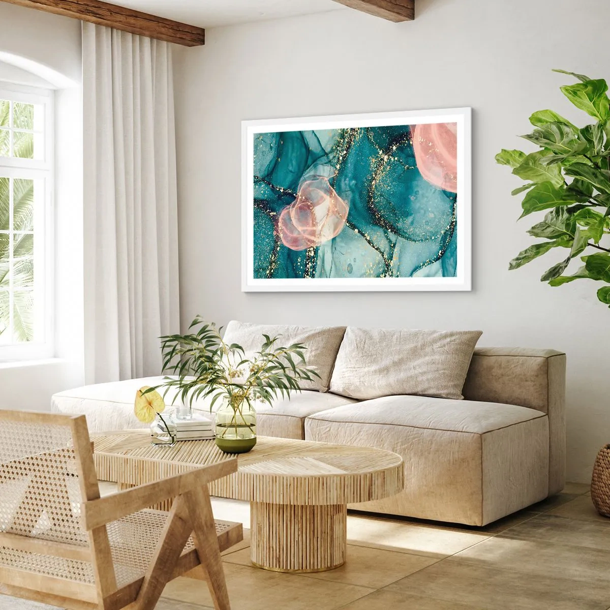 Affiche dans un cadre blanc - Poster - Soie bleu, tulle rose - 40x30 cm