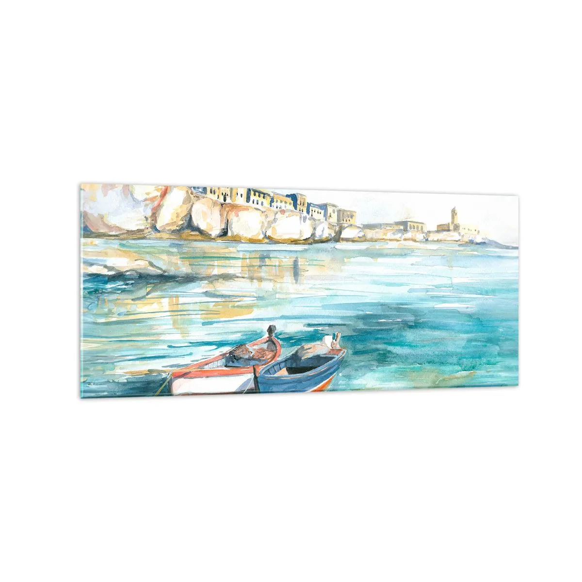Impression sur verre - Image sur verre - Un paysage balnéaire pittoresque avec des bateaux sur l'eau - 120x50cm - Paysage dans l'azur - Décoration murale moderne pour le salon et la chambre ARTTOR