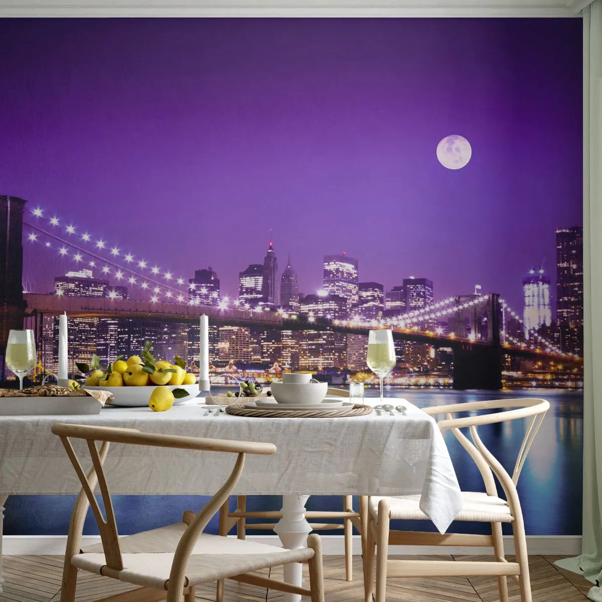 Papier Peint Autocollant Deluxe Sticker - Lumières de grande ville en violet - Ville, New York, le pont de Brooklyn - 450x315 cm