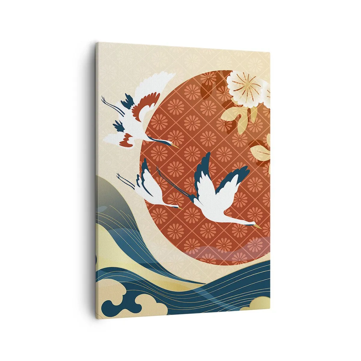 Impression sur toile - Image sur toile - Composition japonaise avec des grues et des vagues - 50x70cm - Conte japonnais - Décoration murale moderne pour le salon et la chambre ARTTOR