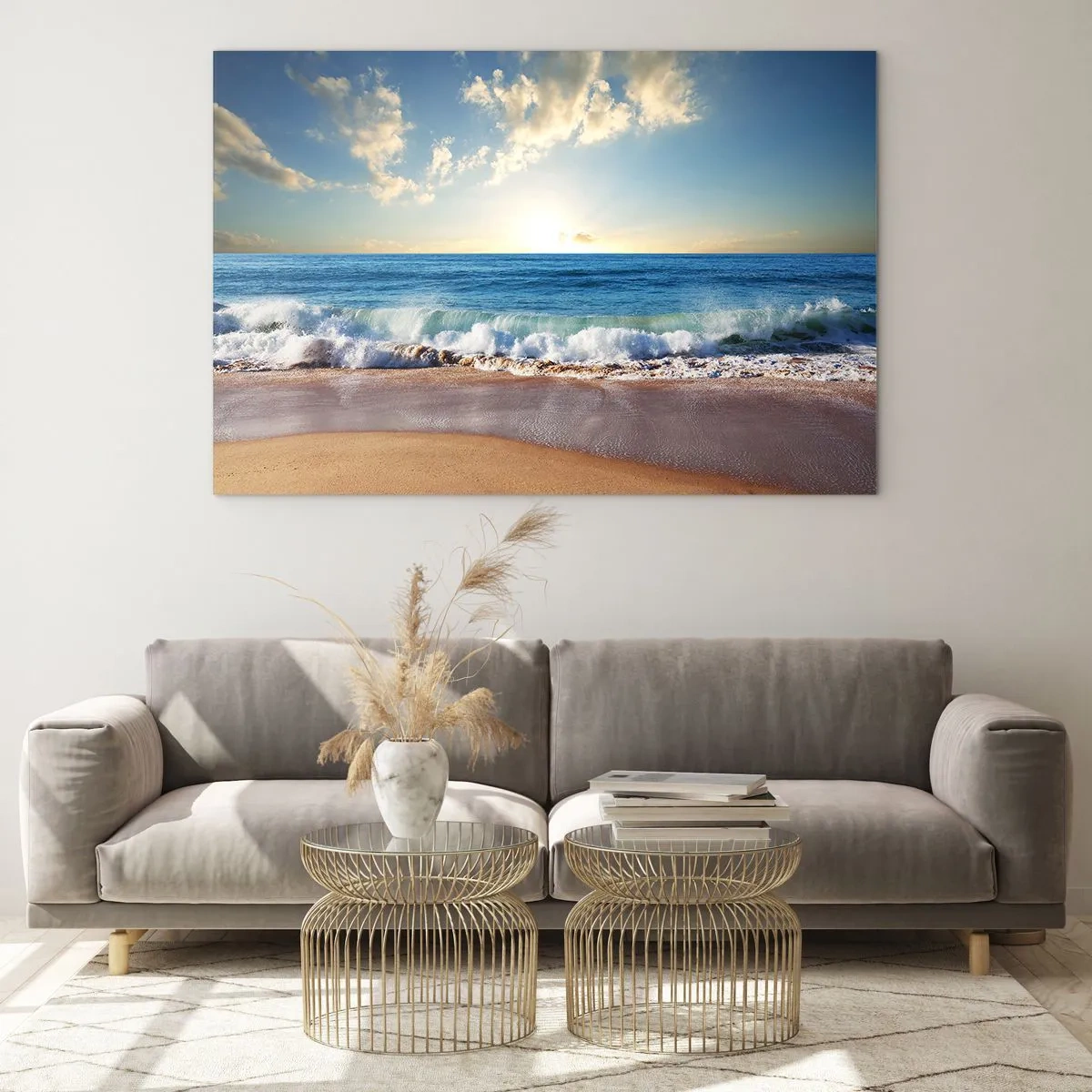 Impression sur verre - Image sur verre - Vagues de l'océan s'écrasant sur une plage dorée au lever du soleil - 100x70cm - Mouvement et immobilité à la fois - Décoration murale moderne pour le salon et la chambre ARTTOR