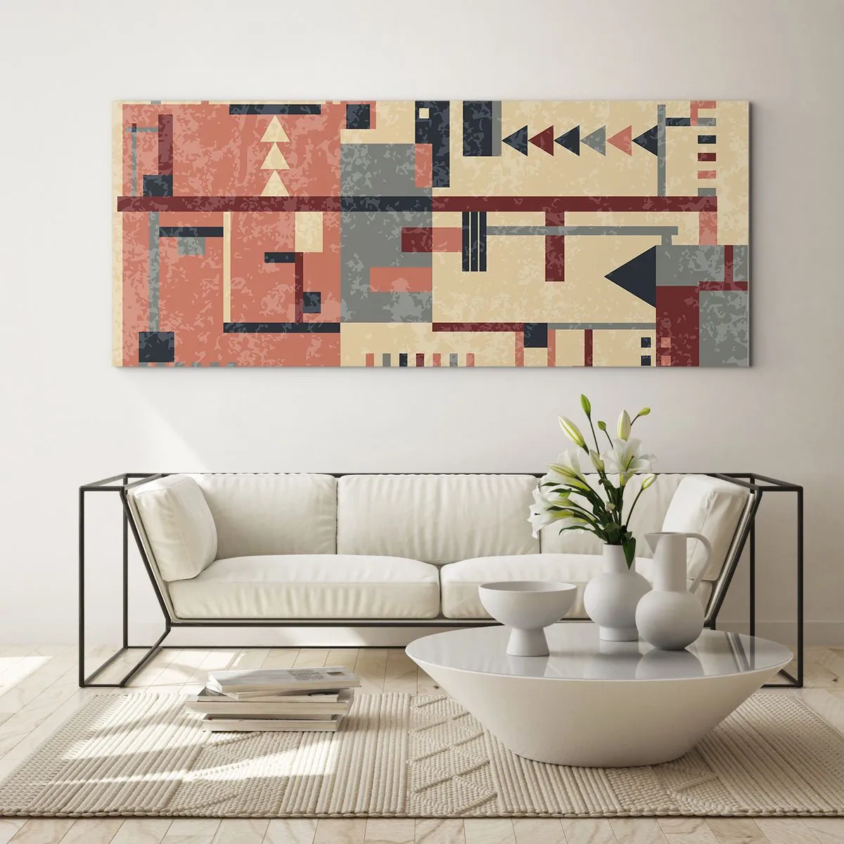 Impression sur verre - Image sur verre - Motif géométrique dans des tons pastel de beige, rouge et gris - 120x50cm - Une combinaison de verticaux et d'horizontaux - Décoration murale moderne pour le salon et la chambre ARTTOR