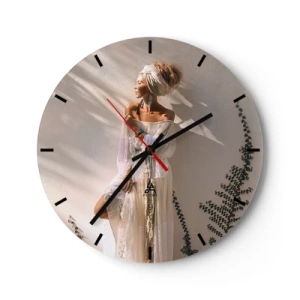 Horloge murale - Pendule murale - Une femme dans un style bohème debout au soleil - 30x30cm - Le soleil et la fille - Décoration murale moderne pour le salon, la cuisine et la chambre ARTTOR