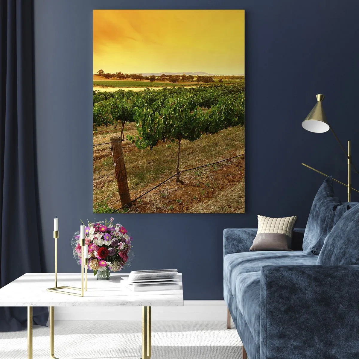 Impression sur verre - Image sur verre - Vignes dans une plantation au coucher du soleil doré - 70x100cm - S'abreuver du soleil - Décoration murale moderne pour le salon et la chambre ARTTOR