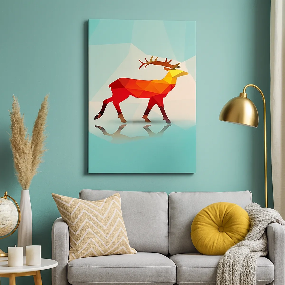 Impression sur toile - Image sur toile - Silhouette géométrique d'un cerf dans les tons de rouge et d'orange - 50x70cm - Cerf géométrique - Décoration murale moderne pour le salon et la chambre ARTTOR