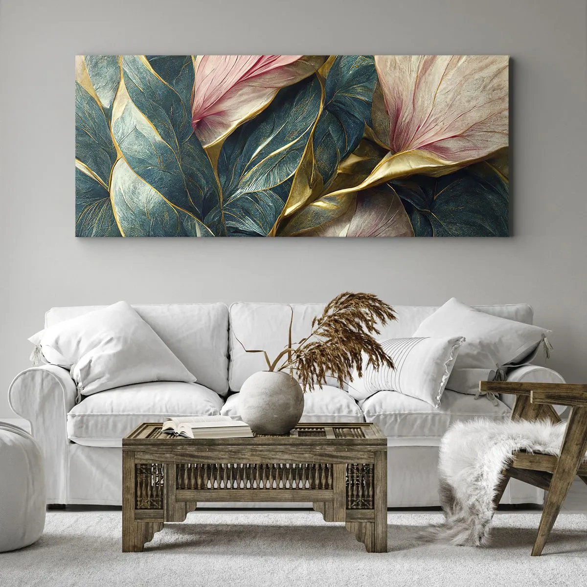Impression sur toile - Image sur toile - Feuilles élégantes en vert, or et rose - 160x50cm - Élégance et style naturels - Décoration murale moderne pour le salon et la chambre ARTTOR