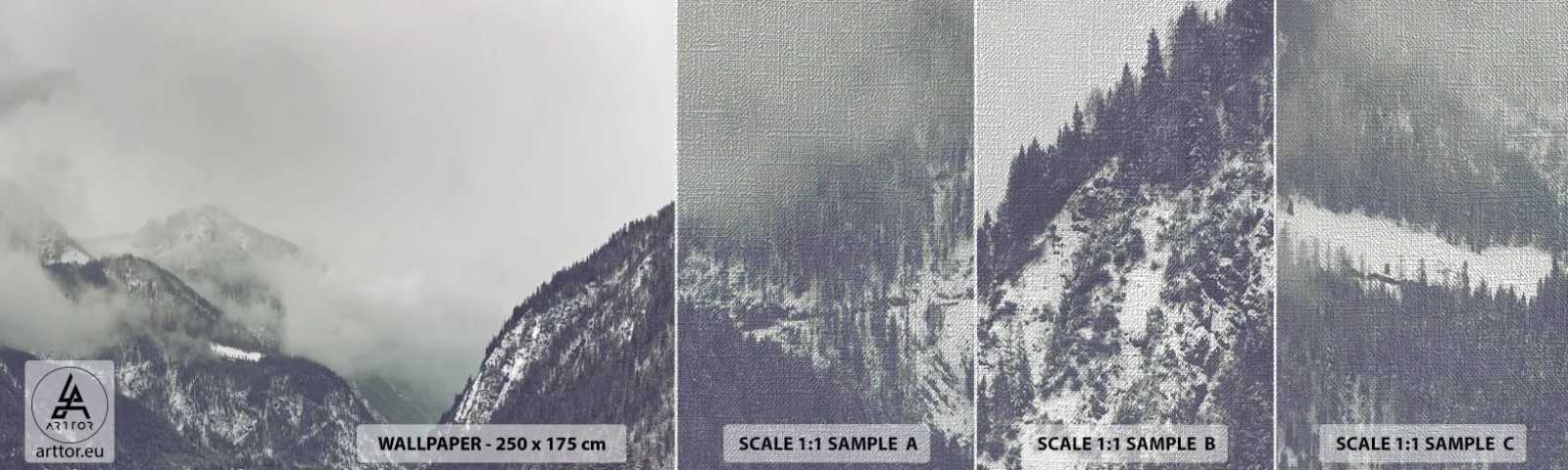 Échantillon de Papier Peint Premium Canvas - Vallée brumeuse - Montagnes, Forêt, Paysage - 100x30 cm