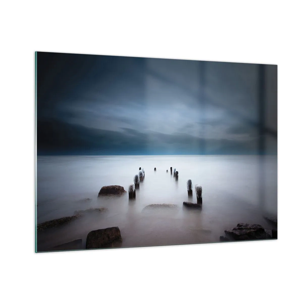 Impression sur verre - Image sur verre - Paysage balnéaire atmosphérique avec pilotis en bois - 100x70cm - Lac pensif - Décoration murale moderne pour le salon et la chambre ARTTOR