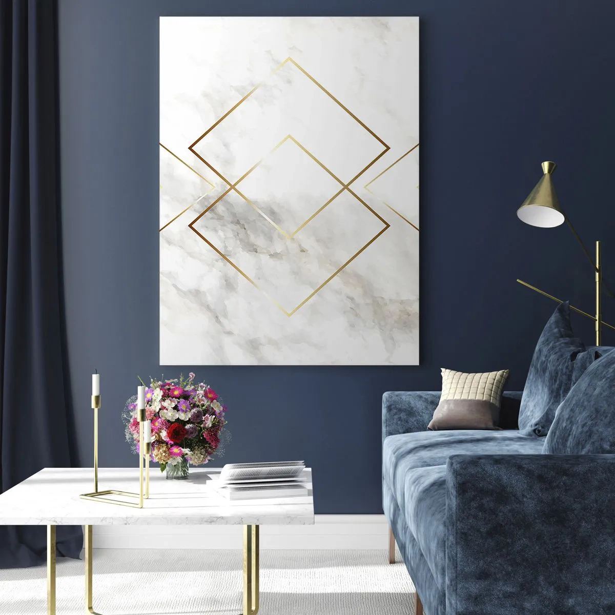 Impression sur verre - Image sur verre - Losanges dorés minimalistes sur fond de marbre - 70x100cm - Vue à l'infini - Décoration murale moderne pour le salon et la chambre ARTTOR