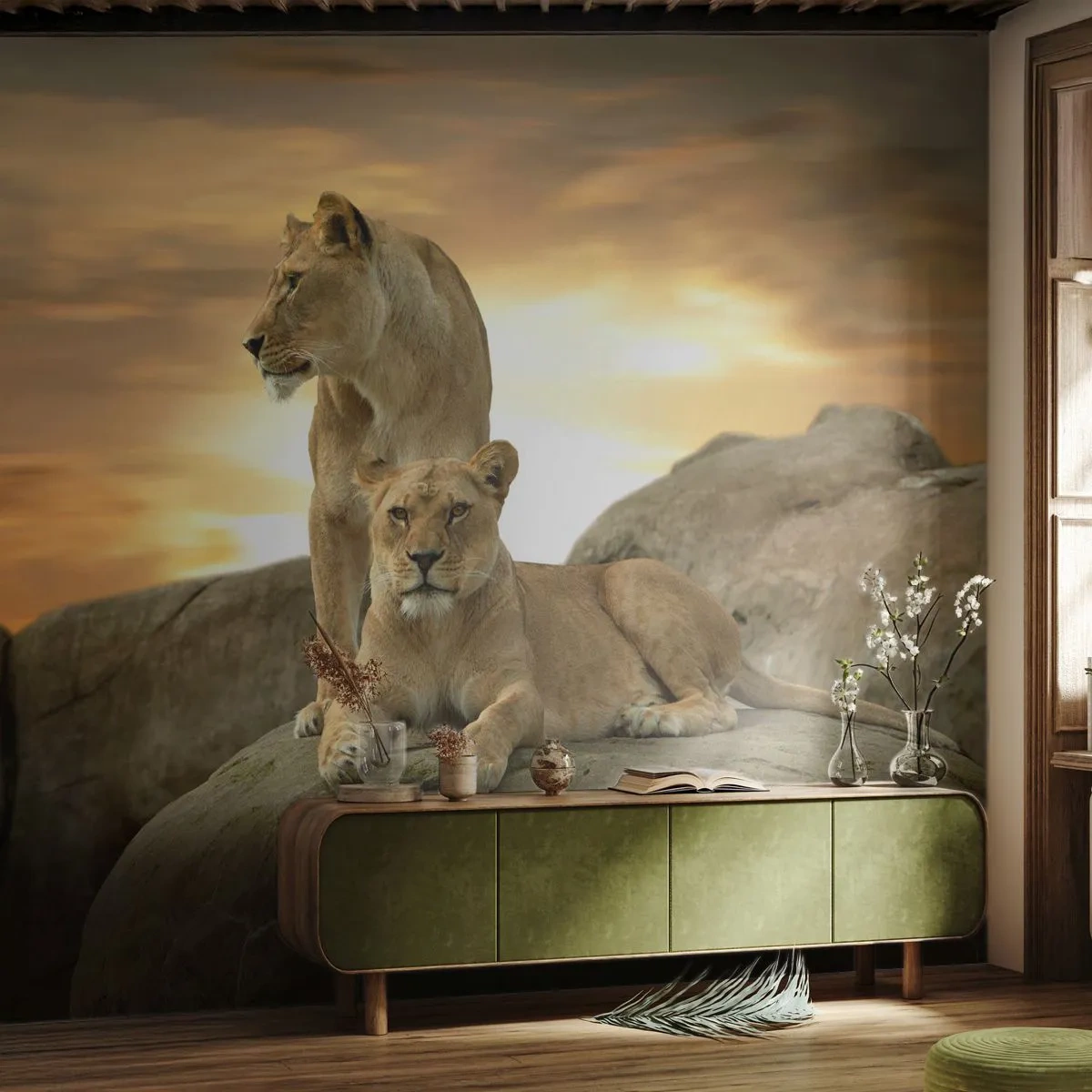 Papier Peint Photo Premium Sand - Majesté royale - Animaux, Lion, Nature - 100x70 cm