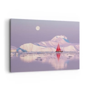 Impression sur toile - Image sur toile - Une voile rouge sur fond de montagnes glacées et de pleine lune. - 100x70cm - La chaleur de la voile, le froid de la glace - Décoration murale moderne pour le salon et la chambre ARTTOR