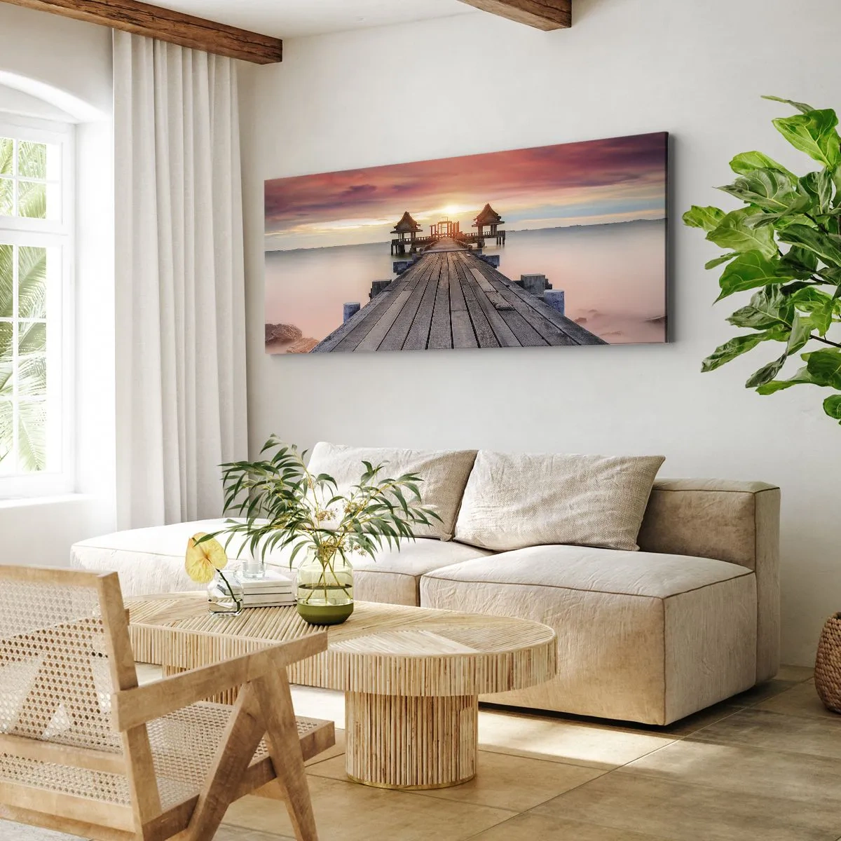 Impression sur toile - Image sur toile - Jetée en bois menant aux belvédères au coucher du soleil - 120x50cm - L'Ouest à l'Est - Décoration murale moderne pour le salon et la chambre ARTTOR