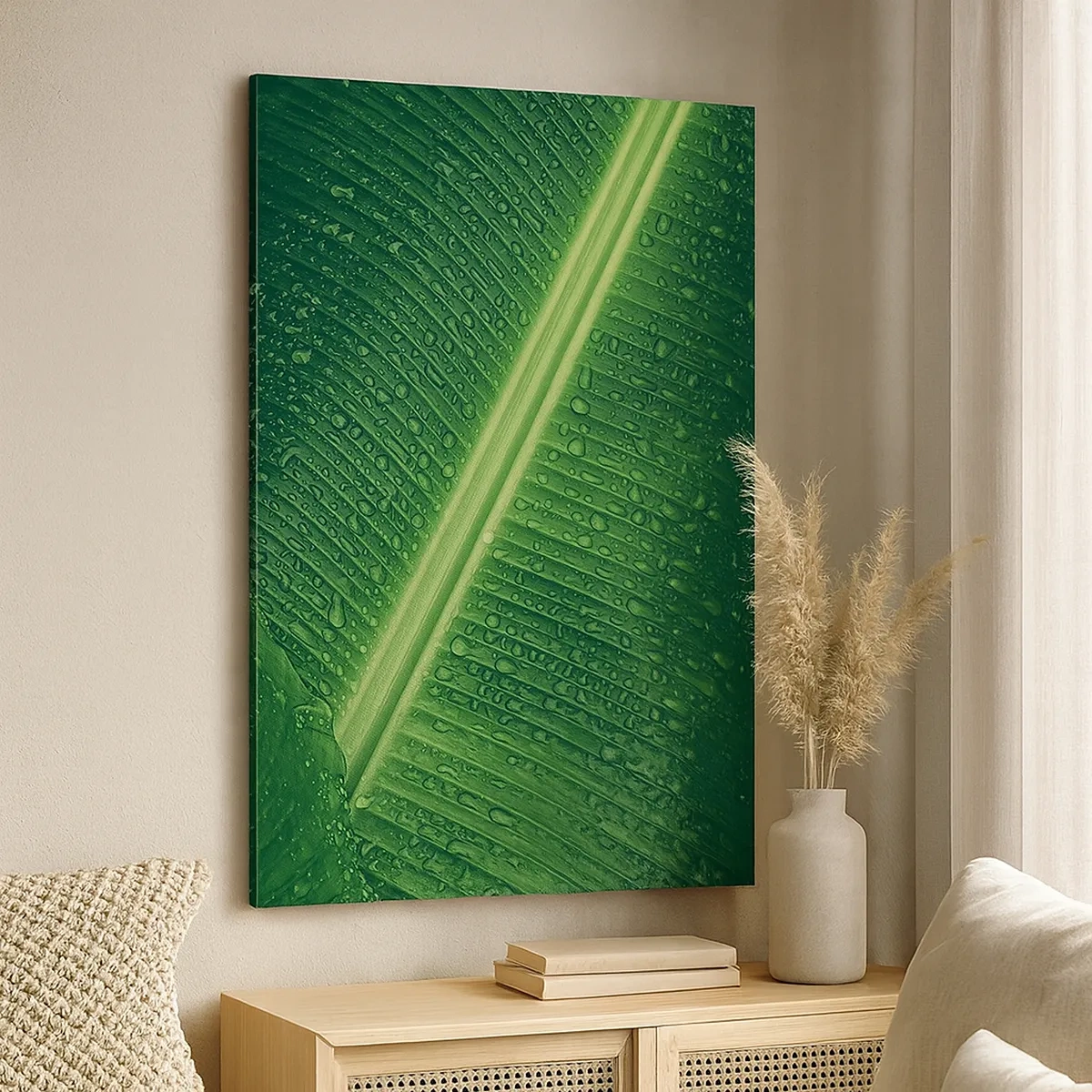 Impression sur toile - Image sur toile - Une feuille verte avec des gouttes d'eau à sa surface - 50x70cm - Structure de vert - Décoration murale moderne pour le salon et la chambre ARTTOR