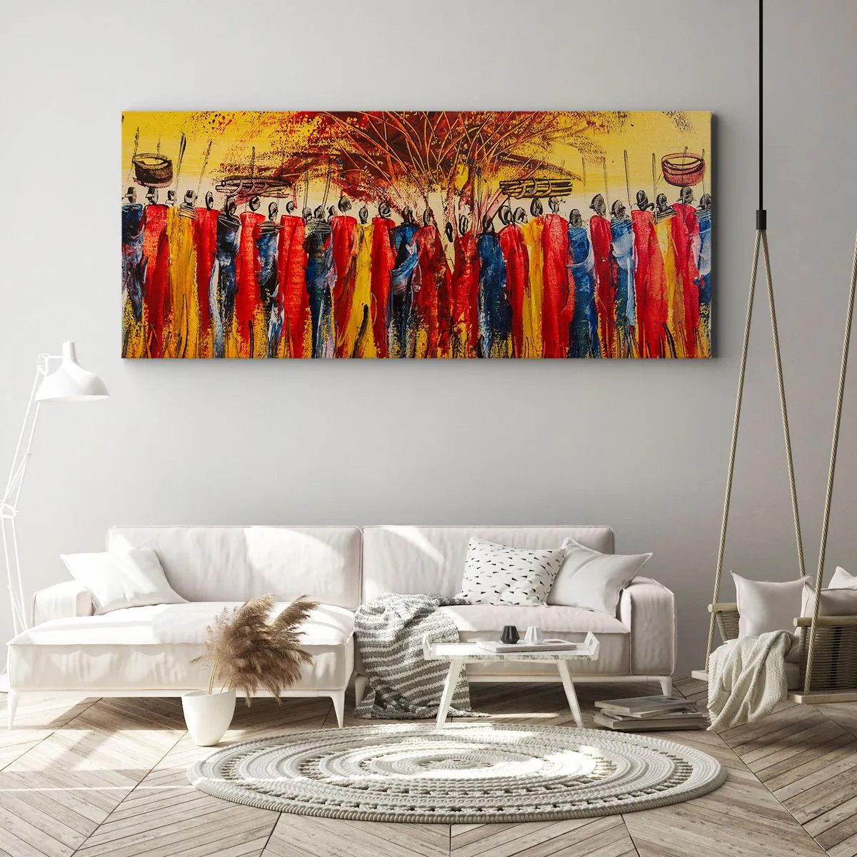 Impression sur toile - Image sur toile - Une scène colorée avec des personnages africains sur fond de soleil couchant. - 160x50cm - Là-bas, là-bas, ils vont là-bas - Décoration murale moderne pour le salon et la chambre ARTTOR