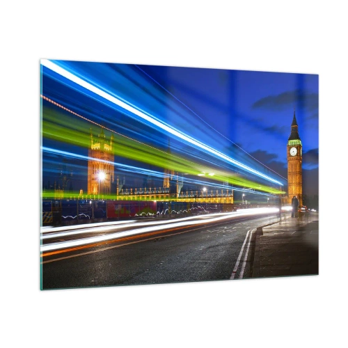 Impression sur verre - Image sur verre - Big Ben la nuit avec des phares de voiture flous - 100x70cm - Sous l'œil de Big Ben - Décoration murale moderne pour le salon et la chambre ARTTOR