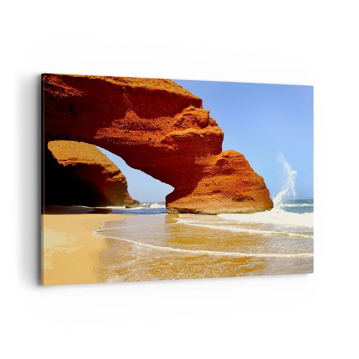 Impression sur toile - Image sur toile - Une arche rocheuse naturelle sur une plage avec un ciel bleu et des vagues - 120x80cm - L'eau et le vent depuis des milliers d'années - Décoration murale moderne pour le salon et la chambre ARTTOR