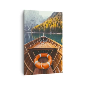 Impression sur toile - Image sur toile - Un bateau en bois sur un lac de montagne entouré de forêt - 80x120cm - Escapade en montagne - Décoration murale moderne pour le salon et la chambre ARTTOR