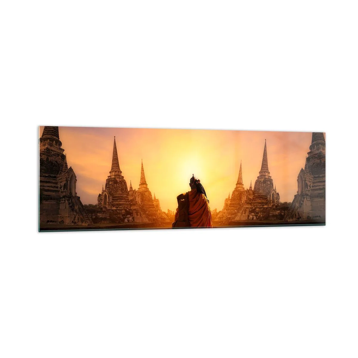 Impression sur verre - Image sur verre - Un moine parmi les temples au coucher du soleil - 160x50cm - En paix pour l'éternité - Décoration murale moderne pour le salon et la chambre ARTTOR