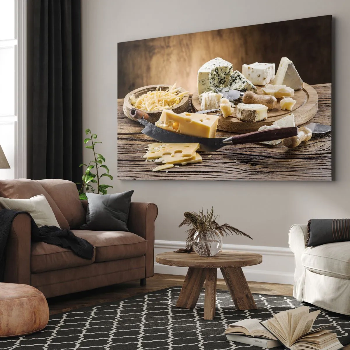 Impression sur toile - Image sur toile - Un plateau de fromages avec différents types sur une table en bois - 100x70cm - Sourire au fromage - Décoration murale moderne pour le salon et la chambre ARTTOR