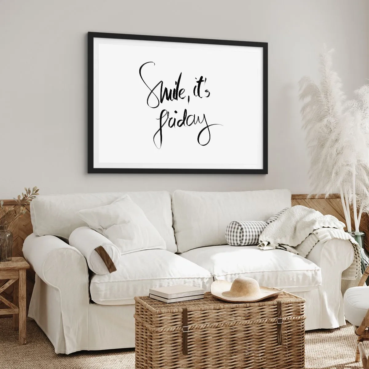 Affiche dans un cadre noir - Poster - Lettrage noir et blanc Souriez, c'est vendredi - 100x70cm - Joie réelle - Décoration murale moderne pour le salon et la chambre ARTTOR