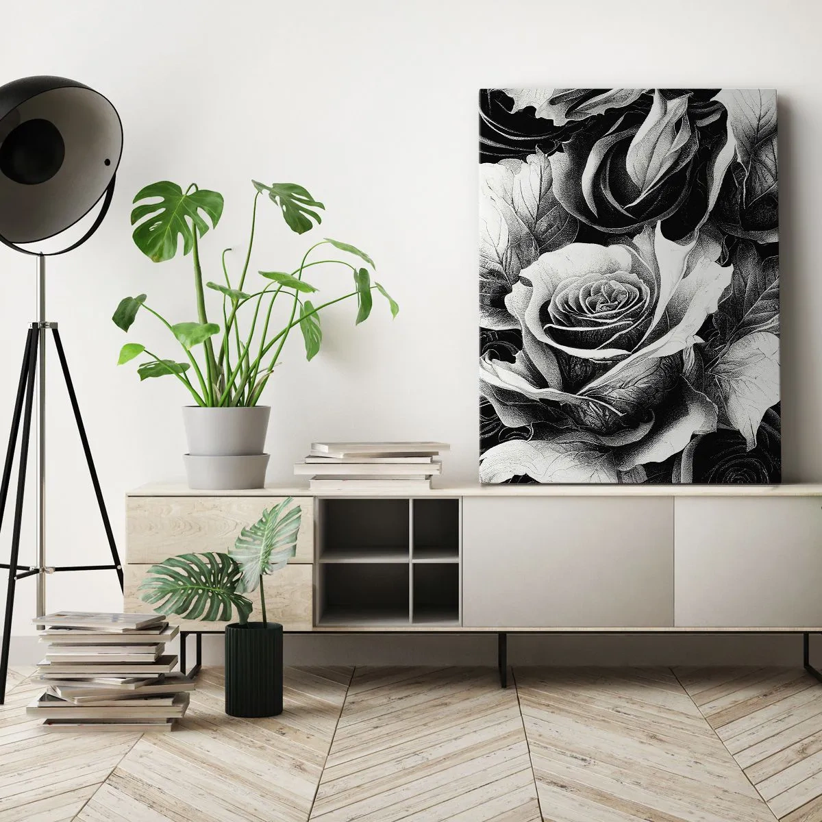 Impression sur toile - Image sur toile - Roses noires et blanches dans une composition élégante - 80x120cm - Toujours une reine - Décoration murale moderne pour le salon et la chambre ARTTOR