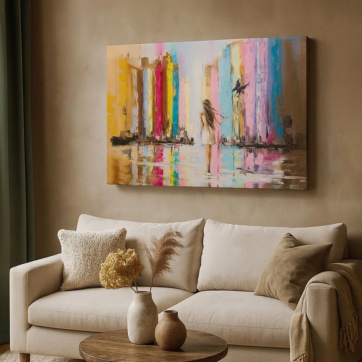 Impression sur toile - Image sur toile - Une ville colorée et une femme en robe blanche avec un oiseau - 70x50cm - Viens avec moi - Décoration murale moderne pour le salon et la chambre ARTTOR