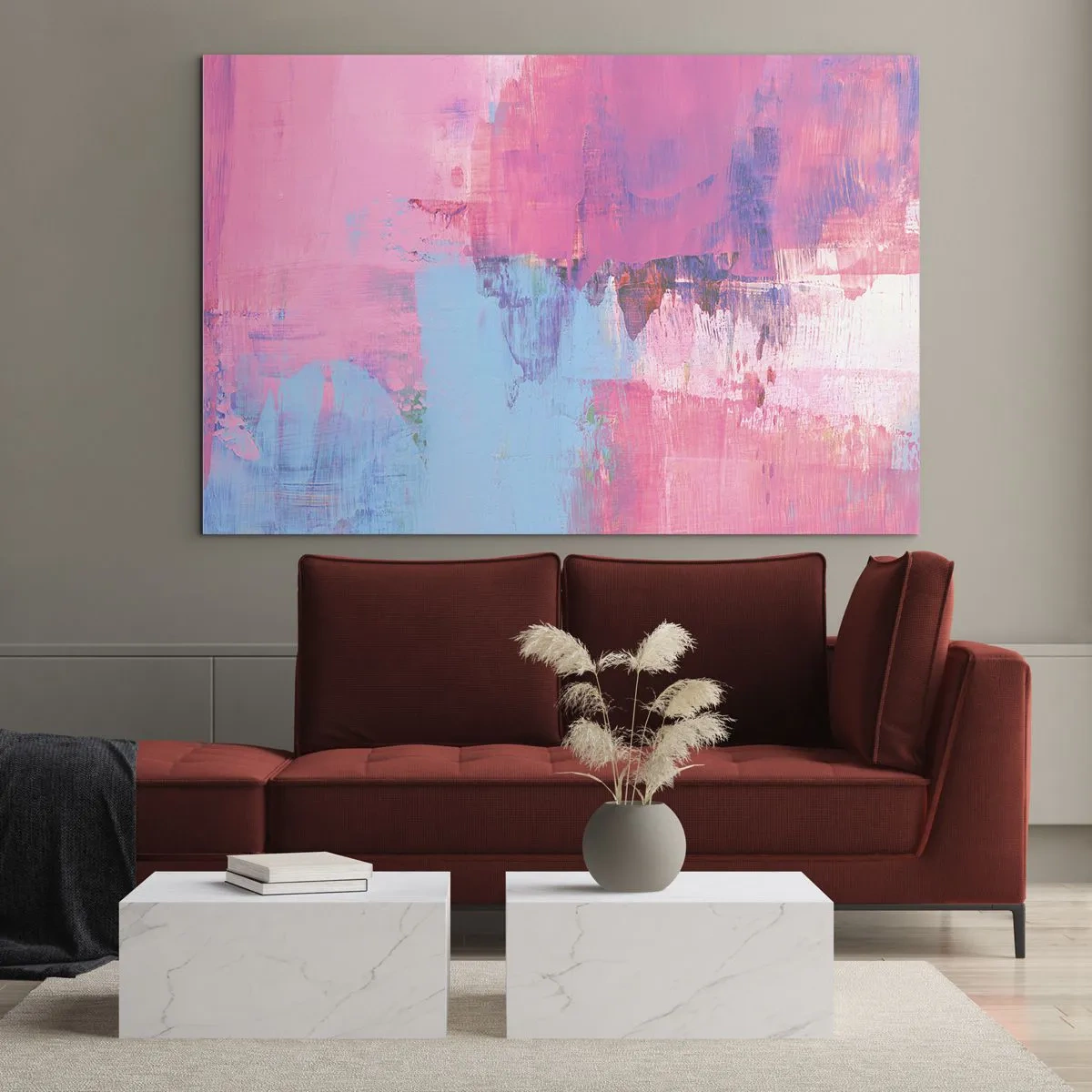 Impression sur verre - Image sur verre - Abstraction énergétique dans les tons de rose et de bleu - 70x50cm - Du rose, du bleu et une pincée de lumière - Décoration murale moderne pour le salon et la chambre ARTTOR