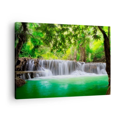 Impression sur toile - Image sur toile - Une cascade verte entourée d'une végétation tropicale dense - 70x50cm - Une cascade de vert - Décoration murale moderne pour le salon et la chambre ARTTOR
