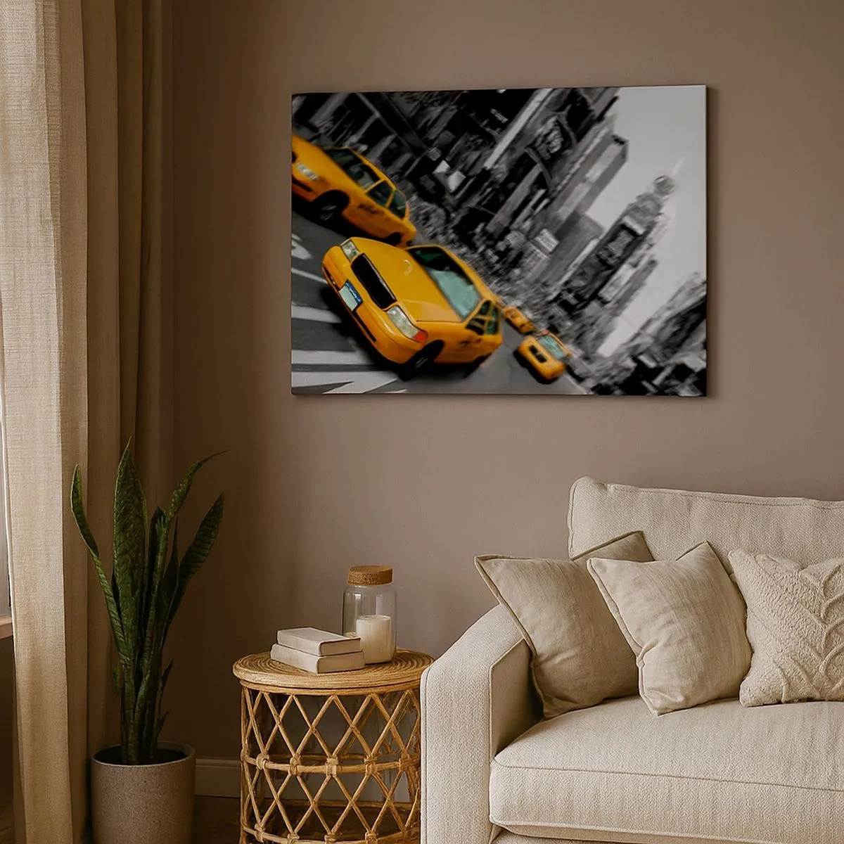 Impression sur toile - Image sur toile - Des taxis jaunes à une intersection très fréquentée de la ville - 70x50cm - Gouttes de soleil New-Yorkaise - Décoration murale moderne pour le salon et la chambre ARTTOR