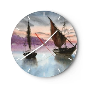 Horloge murale - Pendule murale - Voiliers sur l'eau au coucher du soleil - 30x30cm - Soirée au port - Décoration murale moderne pour le salon, la cuisine et la chambre ARTTOR