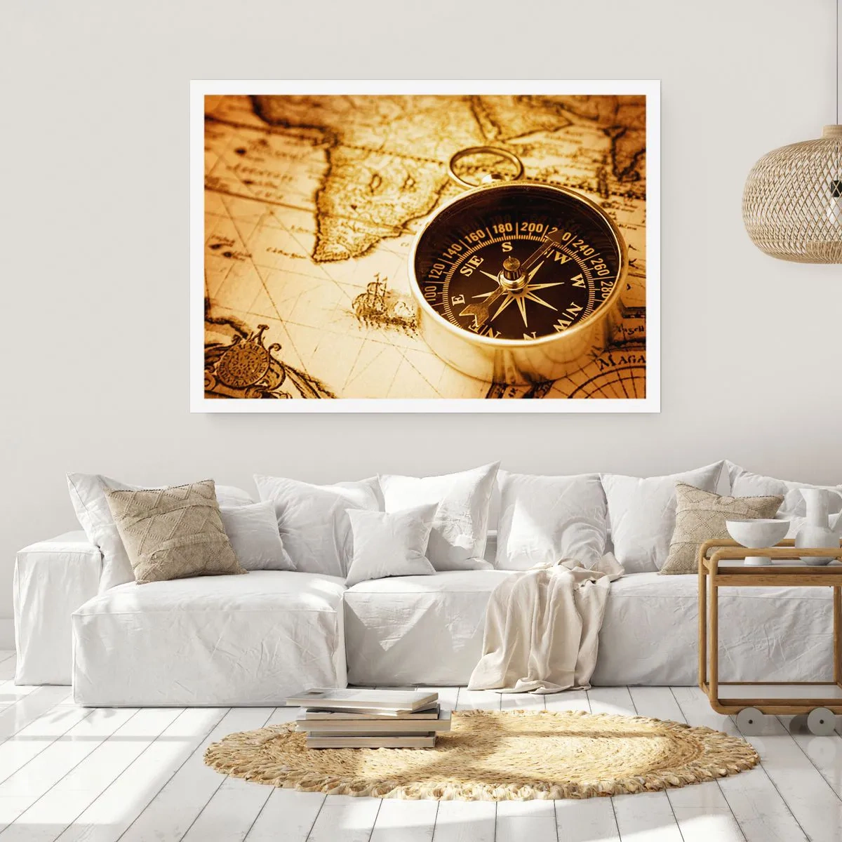 Affiche - Poster - Une boussole antique sur fond d'une vieille carte du monde - 100x70cm - Est ou ouest? - Décoration murale moderne pour le salon et la chambre ARTTOR
