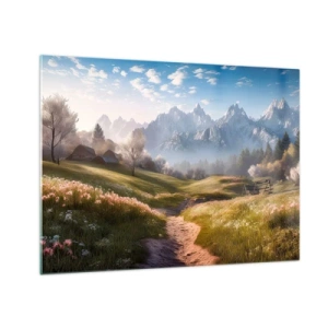 Impression sur verre - Image sur verre - Paysage printanier avec une vallée, des fleurs et des montagnes en arrière-plan le matin - 70x50cm - Vallée idyllique - Décoration murale moderne pour le salon et la chambre ARTTOR