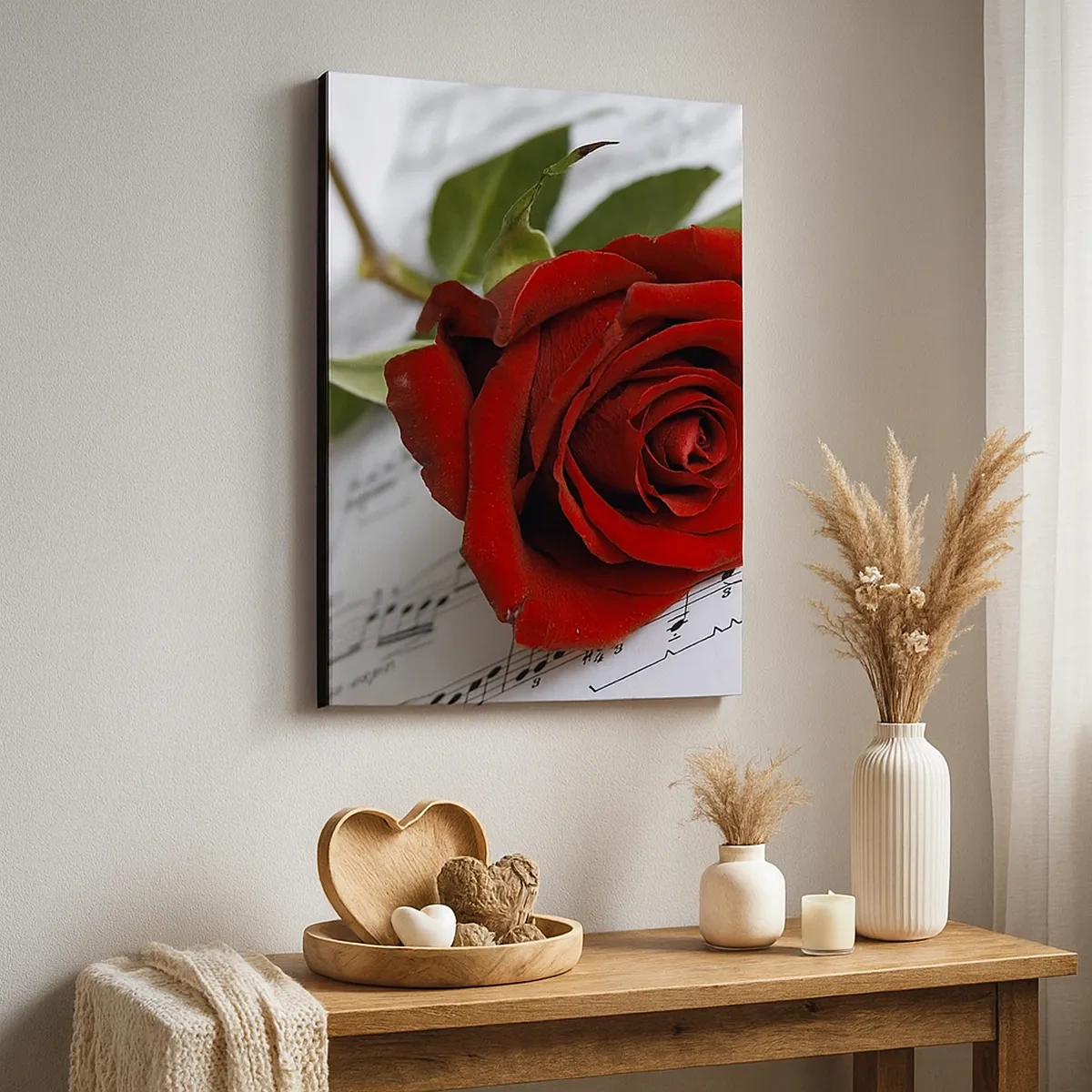 Impression sur toile - Image sur toile - Une rose rouge sur fond de notes de musique sur papier blanc. - 50x70cm - Musique des sentiments en écarlate - Décoration murale moderne pour le salon et la chambre ARTTOR