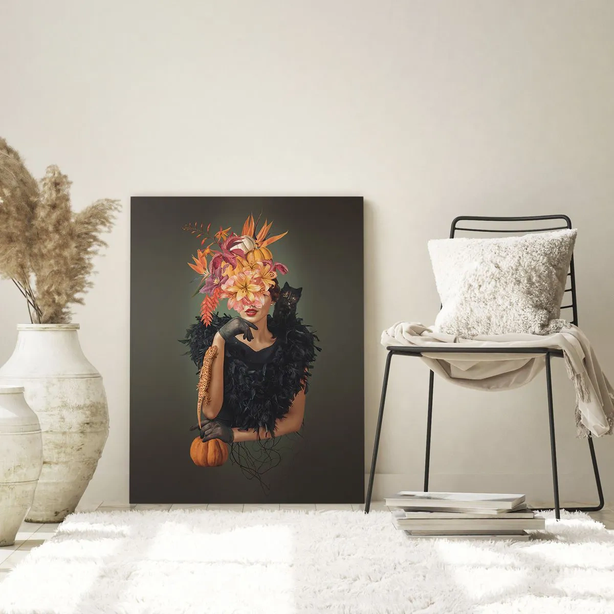 Impression sur verre - Image sur verre - Figure d'une femme en noir avec une citrouille, un chat et une composition florale - 50x70cm - Sort de sorcière - Décoration murale moderne pour le salon et la chambre ARTTOR