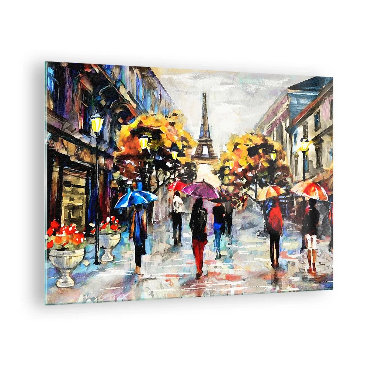 Impression sur verre - Image sur verre - La Tour Eiffel en arrière-plan des gens marchant sous des parapluies colorés - 70x50cm - Particulièrement beau en automne - Décoration murale moderne pour le salon et la chambre ARTTOR