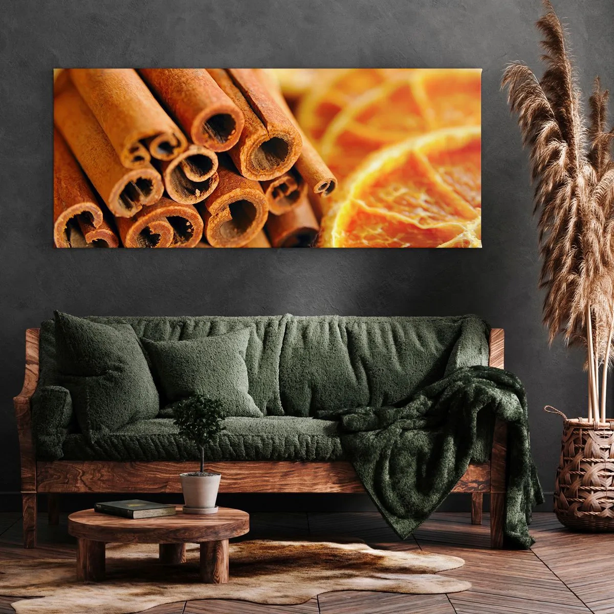 Impression sur toile - Image sur toile - Bâtons de cannelle avec des tranches d'orange séchées aux couleurs chaudes - 120x50cm - Sentez-vous leurs odeurs? - Décoration murale moderne pour le salon et la chambre ARTTOR
