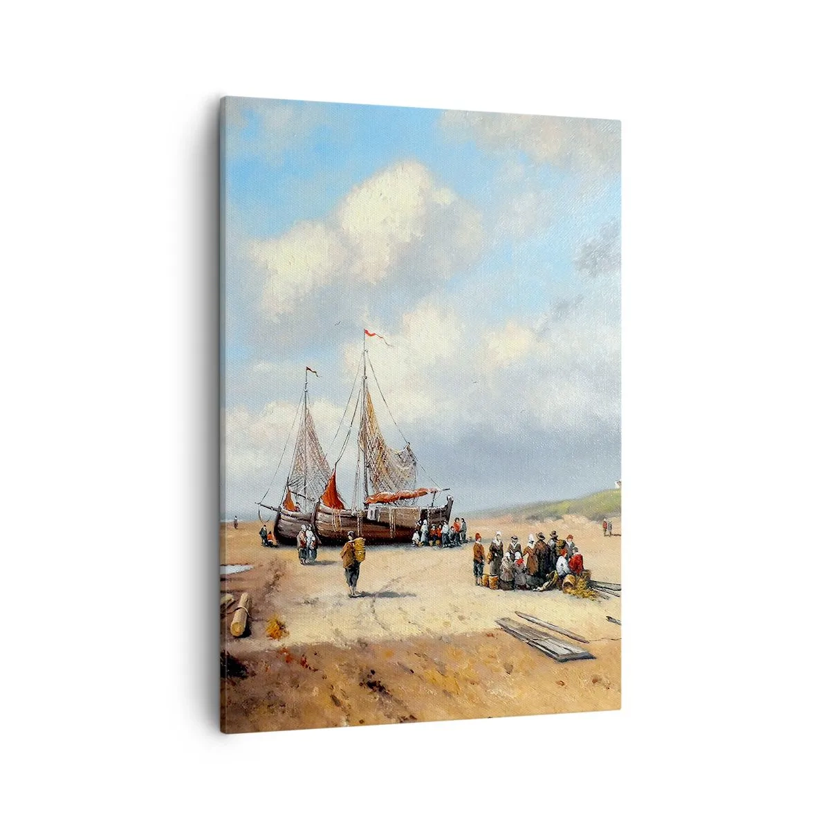 Impression sur toile - Image sur toile - Bateaux de pêche sur la plage avec des figures humaines - 50x70cm - Après une capture réussie - Décoration murale moderne pour le salon et la chambre ARTTOR