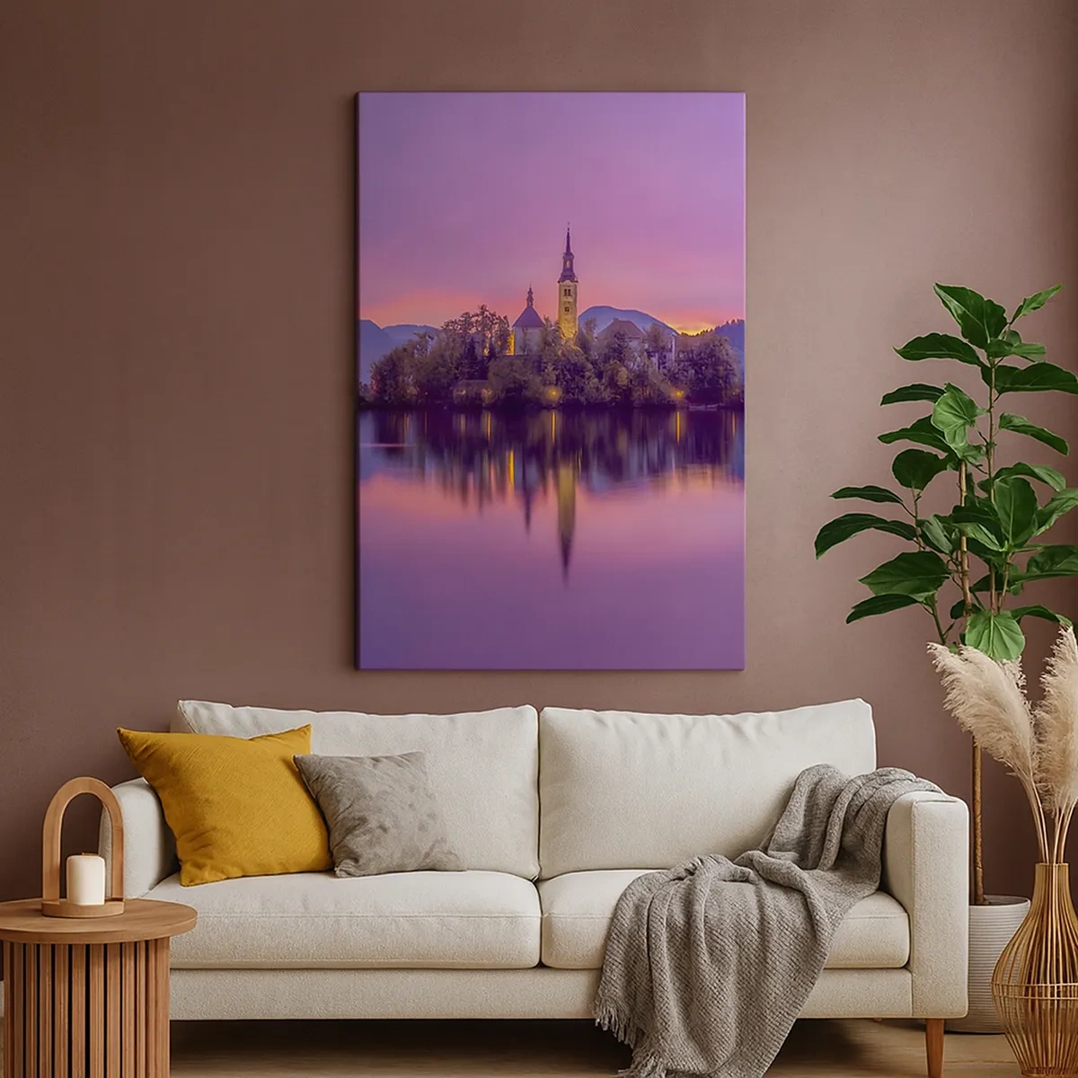 Impression sur toile - Image sur toile - Lac avec une île et une église au coucher du soleil - 50x70cm - Une île de conte de fées au crépuscule - Décoration murale moderne pour le salon et la chambre ARTTOR