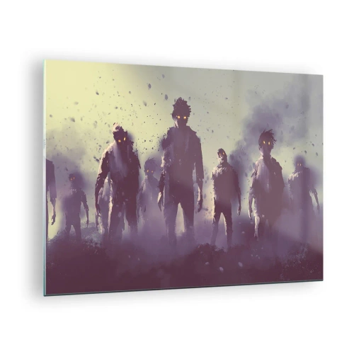 Impression sur verre - Image sur verre - Une illustration sombre d'un groupe de personnages dans le brouillard - 70x50cm - Fais attention! Ils arrivent - Décoration murale moderne pour le salon et la chambre ARTTOR