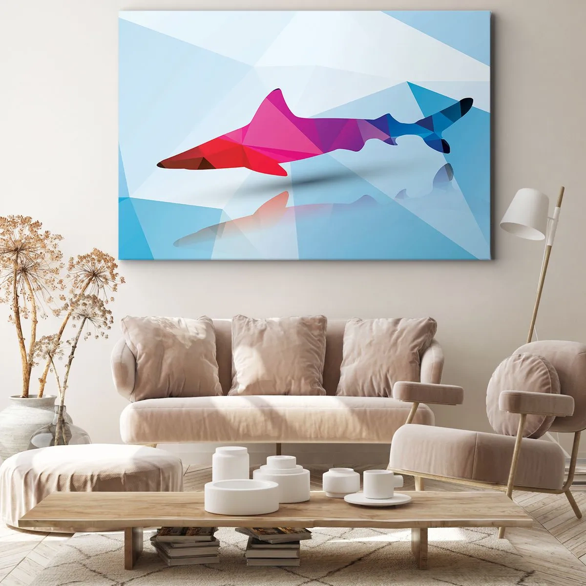 Impression sur toile - Image sur toile - Silhouette de requin géométrique dans les tons rose et bleu - 70x50cm - Un requin dans un espace de cristal - Décoration murale moderne pour le salon et la chambre ARTTOR