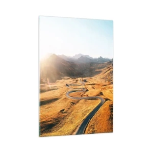 Impression sur verre - Image sur verre - Une route sinueuse dans les montagnes éclairée par le soleil couchant - 80x120cm - Dans une vallée dorée - Décoration murale moderne pour le salon et la chambre ARTTOR