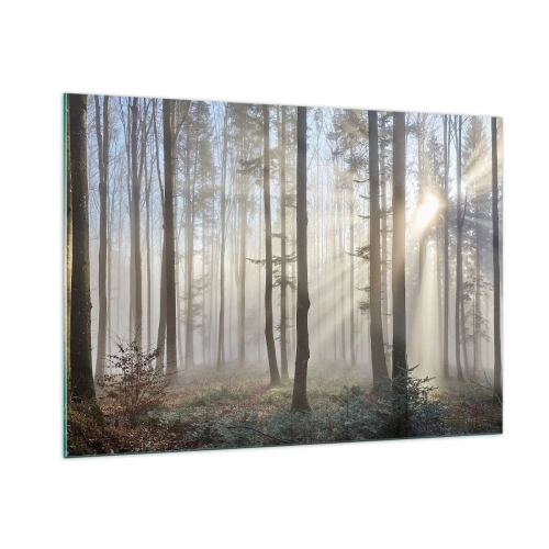 Impression sur verre - Image sur verre - Les rayons du soleil du matin pénètrent la forêt brumeuse - 100x70cm - Le brouillard s'est aussi réveillé - Décoration murale moderne pour le salon et la chambre ARTTOR