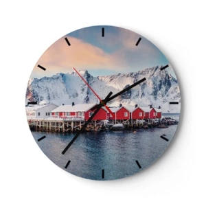 Horloge murale - Pendule murale - Maisons rouges sur fond de montagnes enneigées et de la mer - 30x30cm - Retraite dans le nord - Décoration murale moderne pour le salon, la cuisine et la chambre ARTTOR
