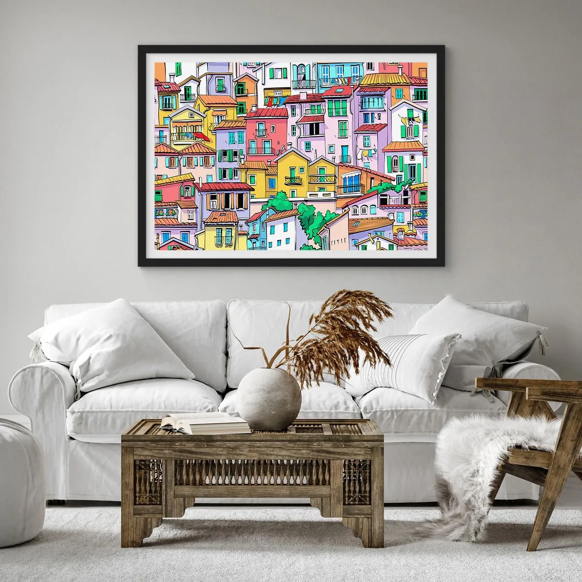 Affiche dans un cadre noir - Poster - Des immeubles colorés au style vivant et joyeux - 70x50cm - Ville joyeuse - Décoration murale moderne pour le salon et la chambre ARTTOR