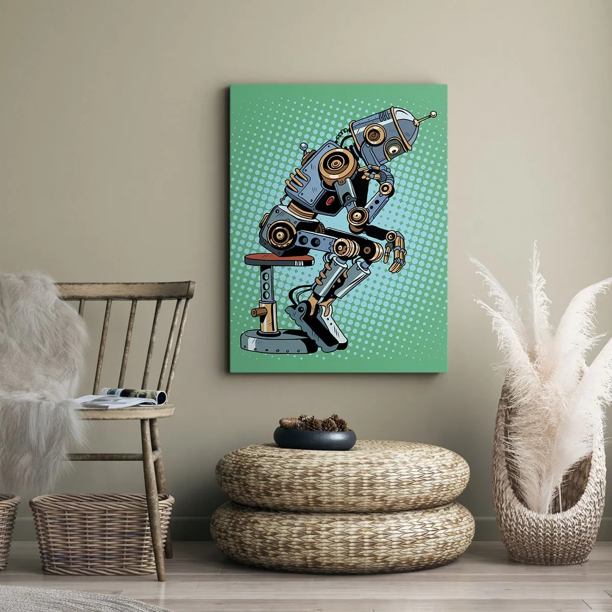Impression sur toile - Image sur toile - Robot penseur de style pop art sur fond vert - 50x70cm - Au-dessus de l'essence de l'être - Décoration murale moderne pour le salon et la chambre ARTTOR